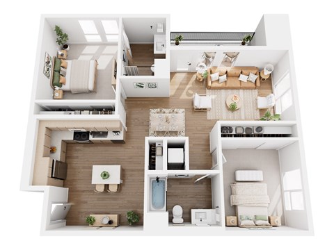 A top-down view of a modern apartment layout.